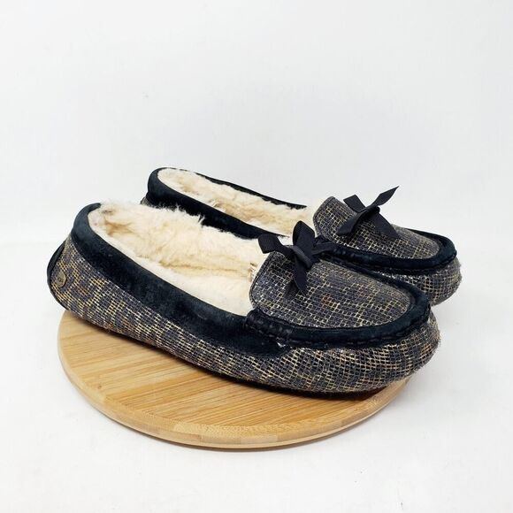 UGG Rylee Slipper Womens 8 Black Metallic Leopard Shearling Loafer Moc Toe Shoe - Picture 7 of 14